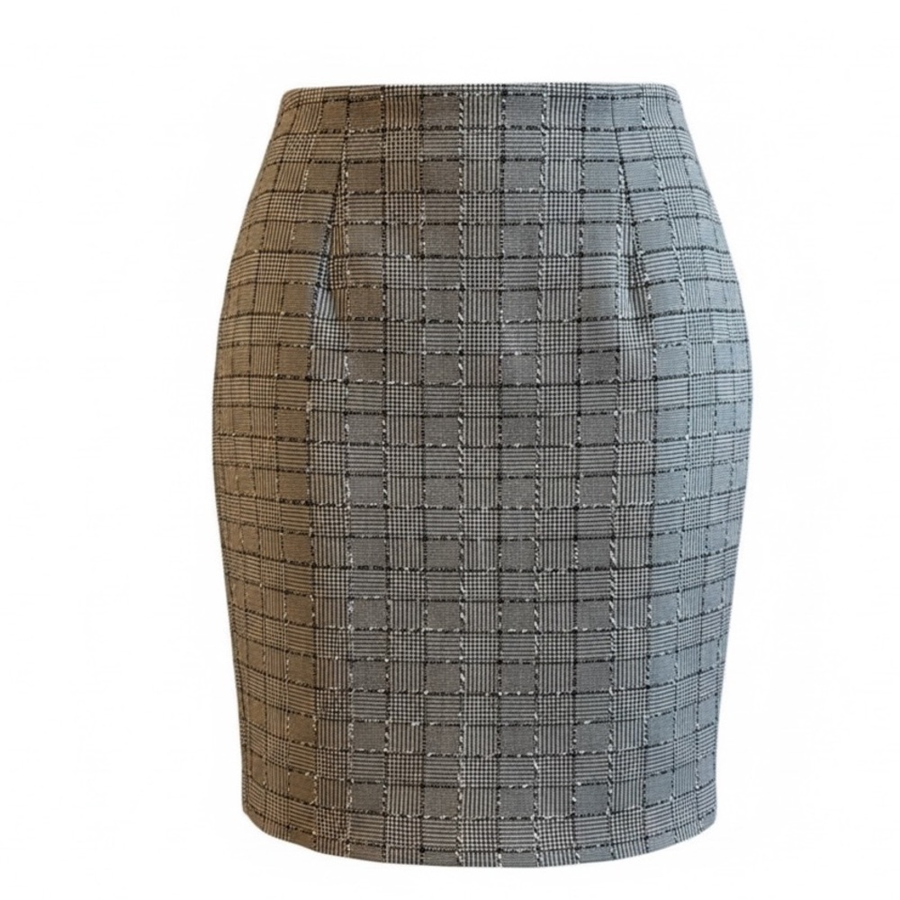 ABBEY GLASS Britt plaid pencil skirt black white patch pattern knee length XL
